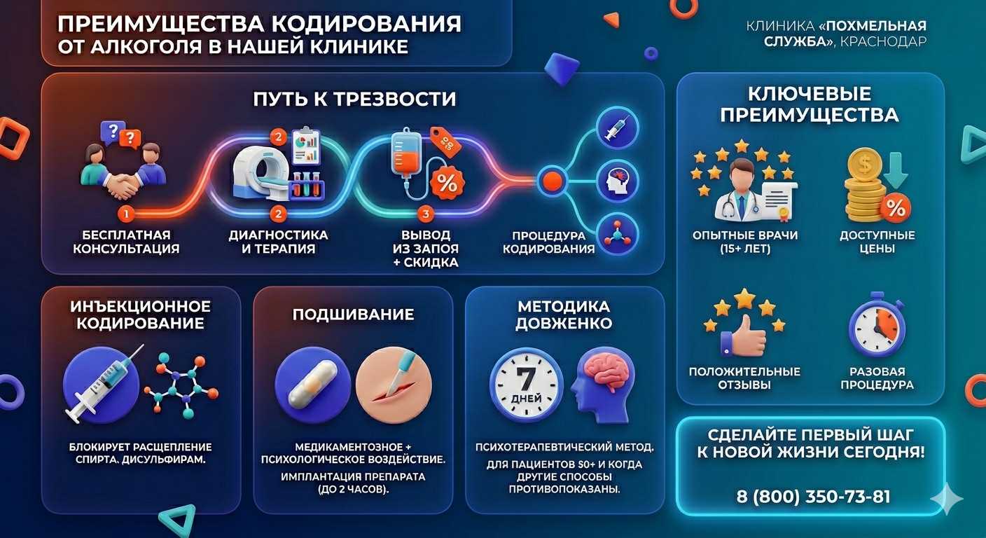 Инфографика о методах кодирования от алкоголя в Энергодаре: инъекции, подшивание, метод Довженко. Преимущества клиники и этапы лечения.